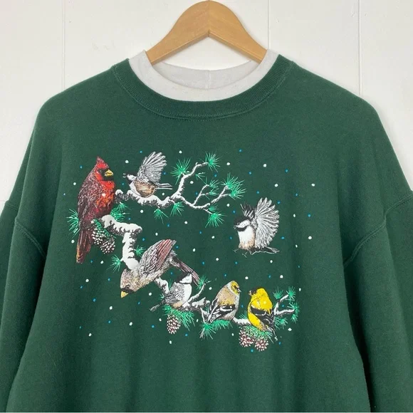 Vintage Sweatshirt Women's Size Large Birds Cardinals Winter Green Double Collar - Picture 4 of 11